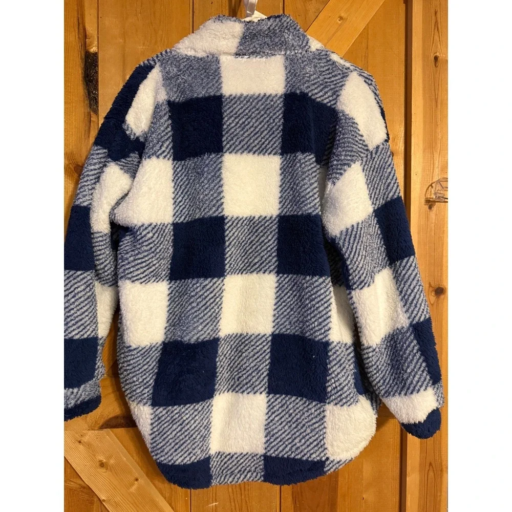 Womens Plaid Sherpa Fleece Shacket‎ Jacket Oversized Blue White XL - Picture 4 of 7